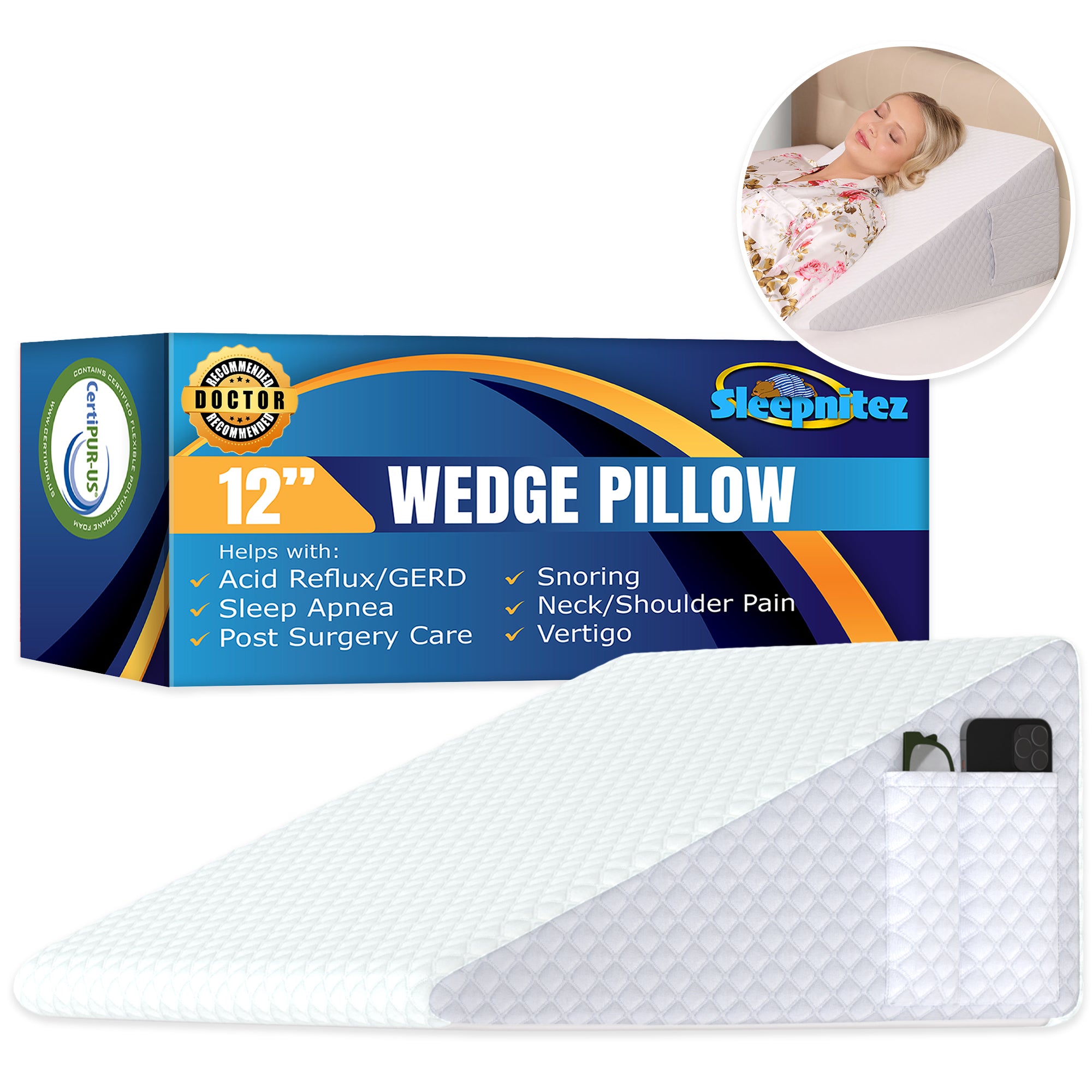 12" Wedge Pillow for Sleep Apnea,After Surgery,Snoring,Acid Reflux,After Surgery Recovery