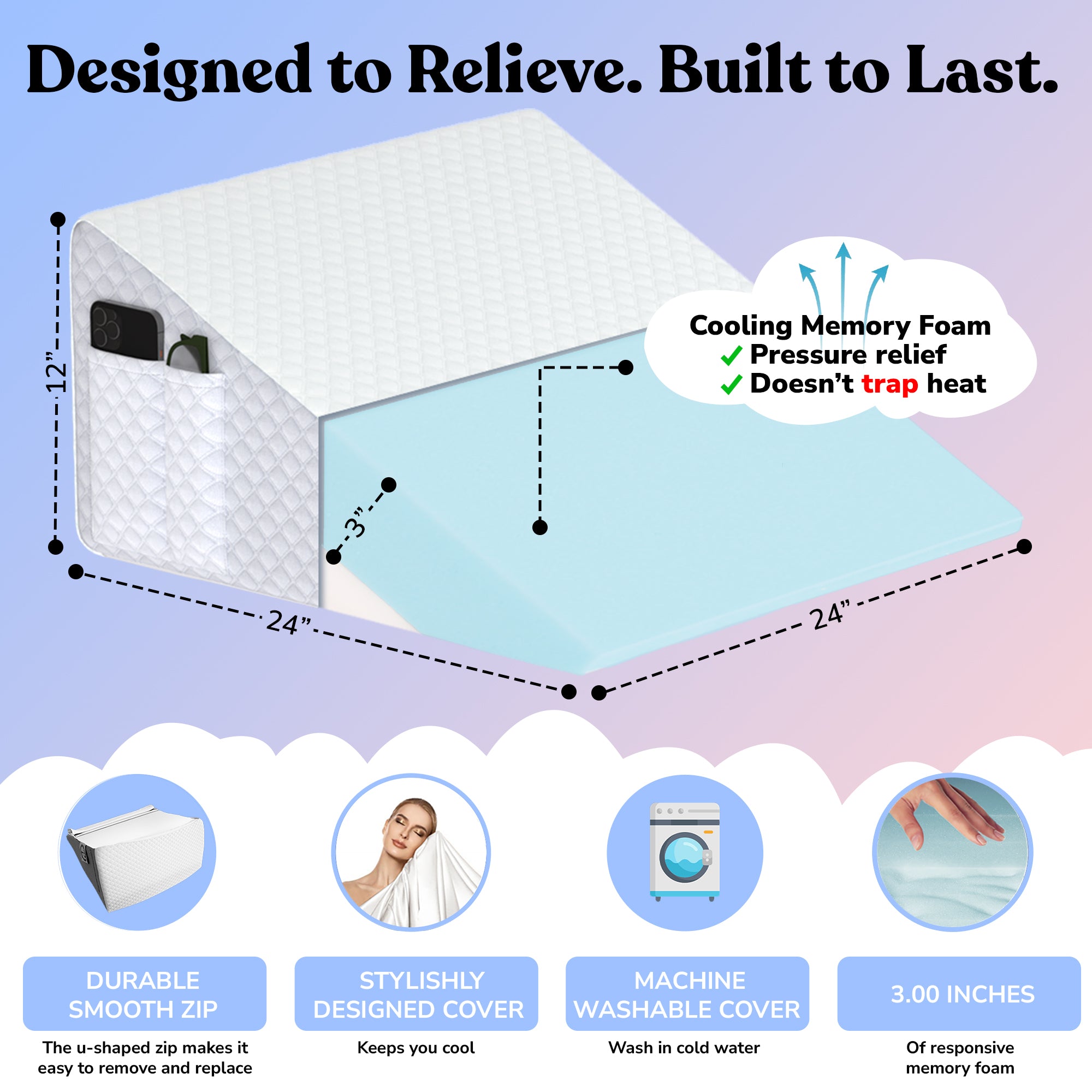 12" Wedge Pillow for Sleep Apnea,After Surgery,Snoring,Acid Reflux,After Surgery Recovery
